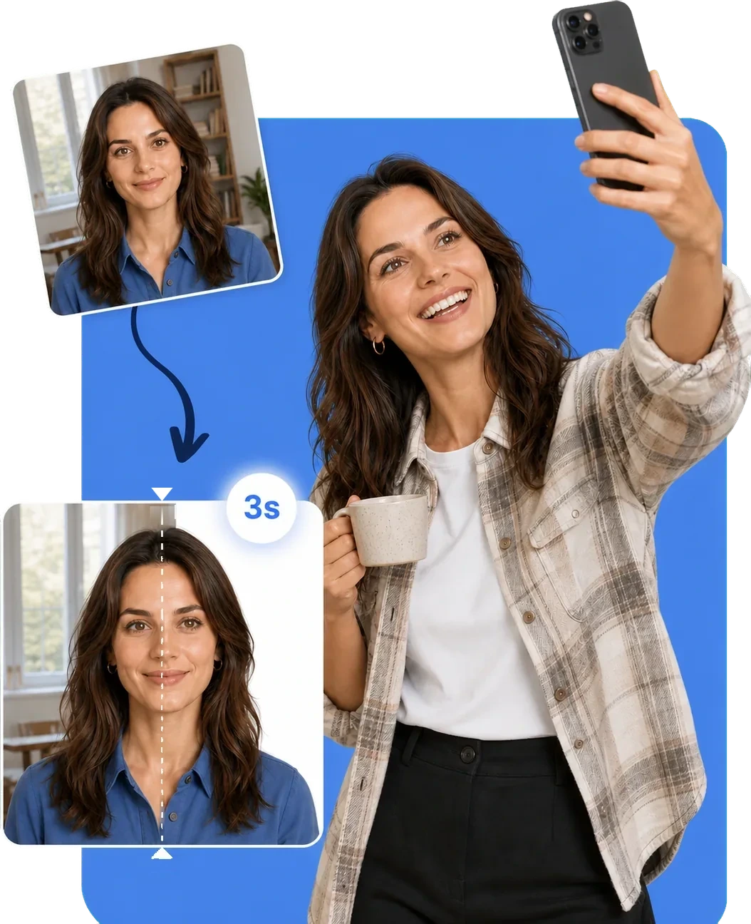 Woman taking a selfie with a passport photo background transformation preview